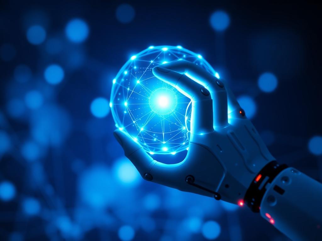 Robotic hand holding a glowing neural network sphere