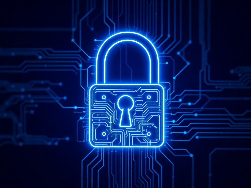 Digital padlock formed from circuit lines representing cybersecurity